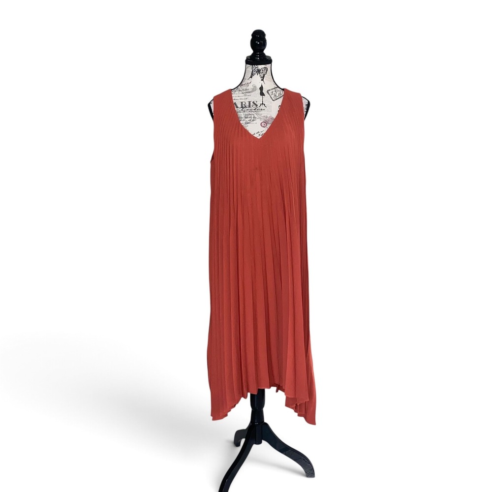 J. Jill Wearever Dress Women L Petite Rust Orange Pleated Handkerchief Hem Midi